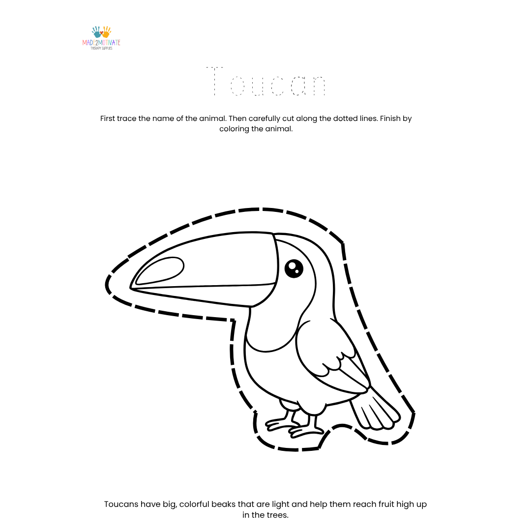 Rainforest Animal Fine Motor Activity Pack Tracing Cutting & Coloring Worksheets