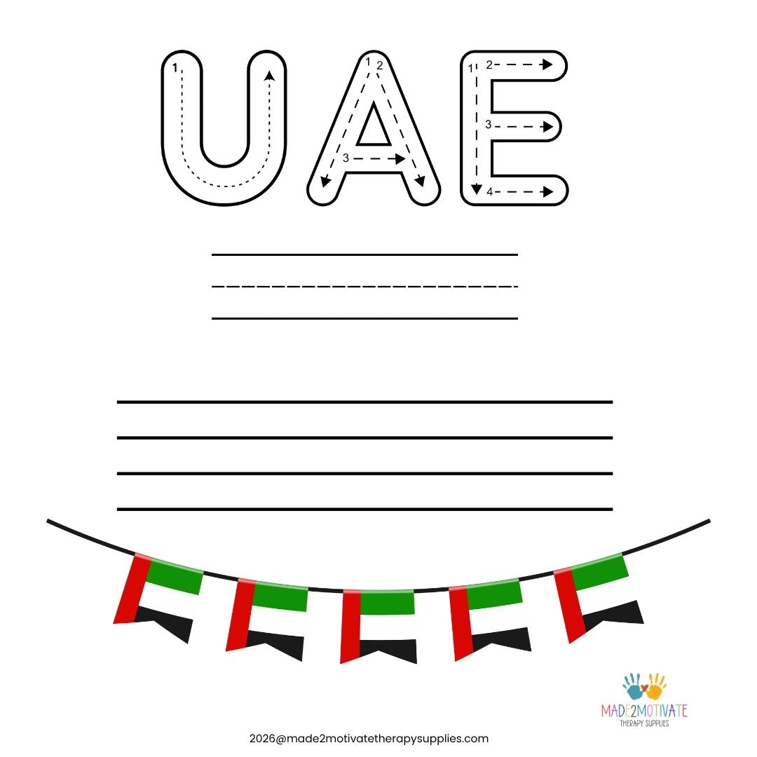 UAE Letter Tracing Worksheet (Printable) - Country & Flag Theme