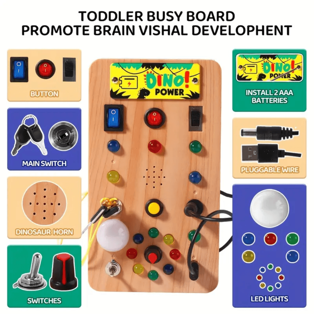 Dino Power Busy Board | Montessori Sensory Activity Board for Toddlers Kids