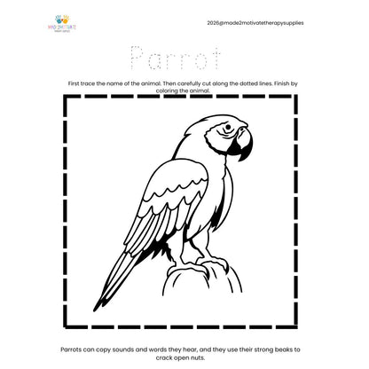 Rainforest Animal Fine Motor Activity Pack Tracing Cutting & Coloring Worksheets Pre-K