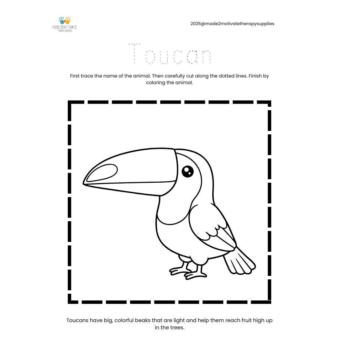 Rainforest Animal Fine Motor Activity Pack Tracing Cutting & Coloring Worksheets Pre-K