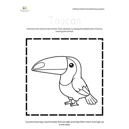Rainforest Animal Fine Motor Activity Pack Tracing Cutting & Coloring Worksheets Pre-K