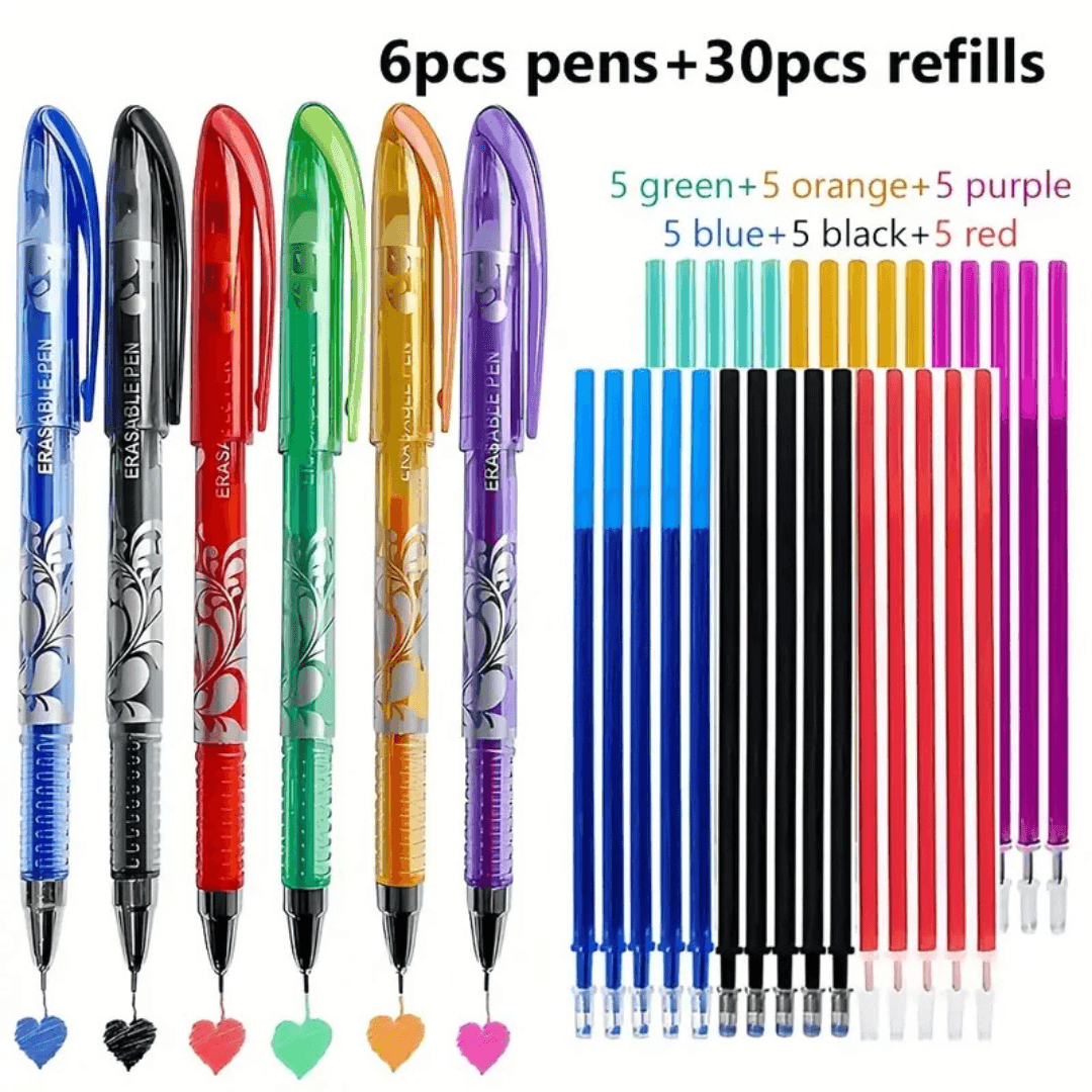 Vibrant Erasable Gel Pen Set - 6 Colors + 30 Refills for Fun & Mess-Free Writing! - Made2Motivate