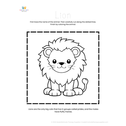 Coloring page with a lion illustration and text about lions on a white background.