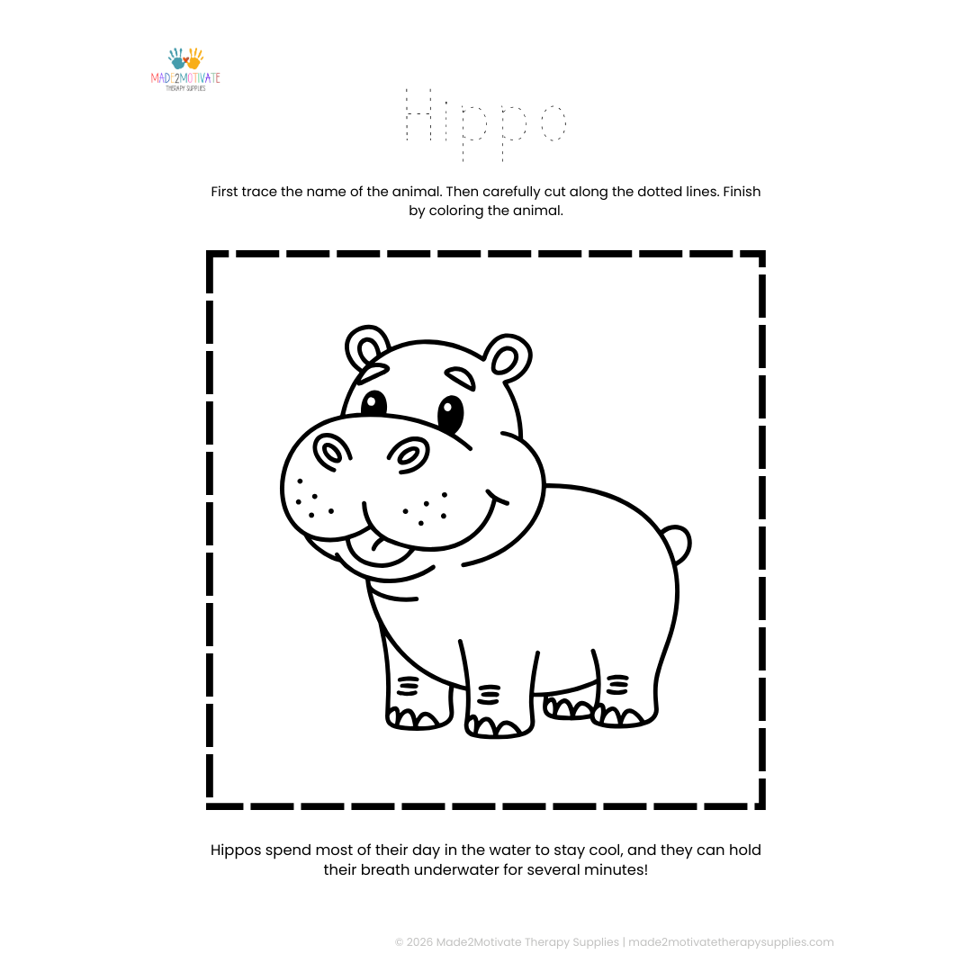 Hippo coloring page with tracing and cutting activities on a white background