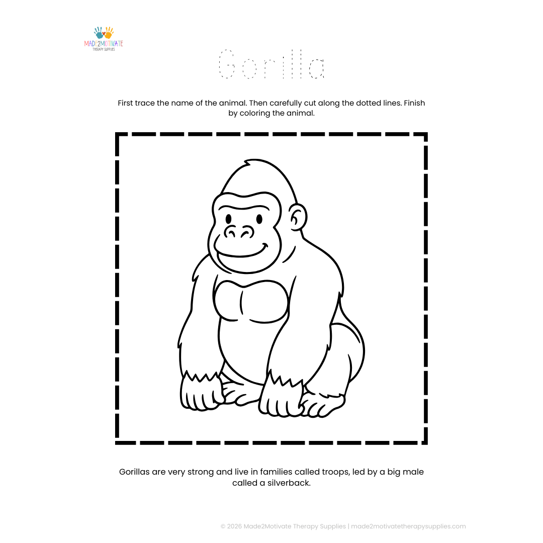 Free printable Gorilla trace, cut and cutting worksheet for preschool fine motor skills